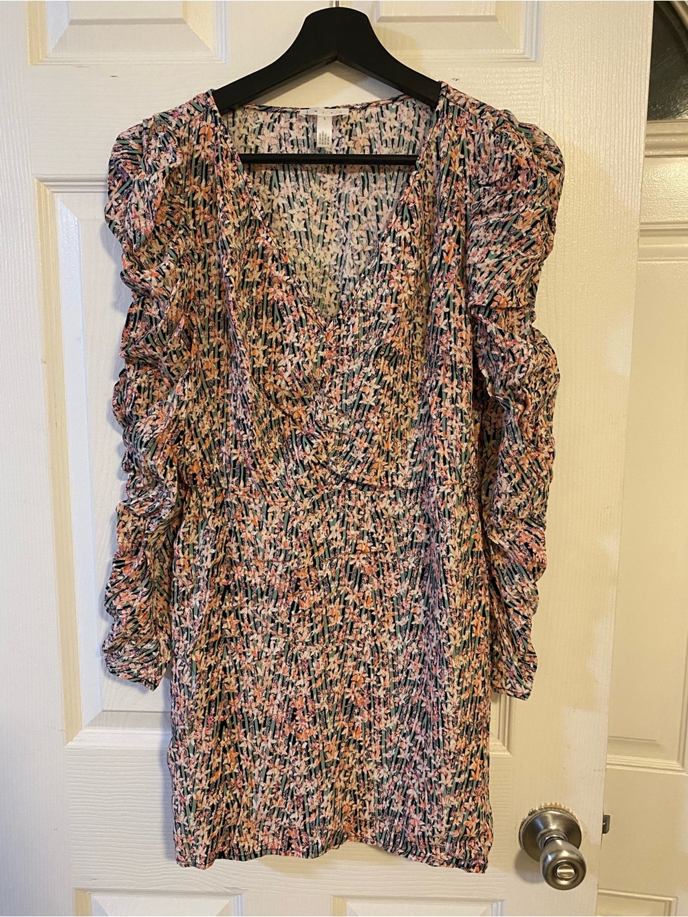 Leith Pink Multi Floral Ruched Long-Sleeve Mini Dress